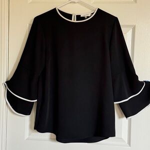 Calvin Klein Ruffle Sleeve Blouse – Black with White Trim | Size S